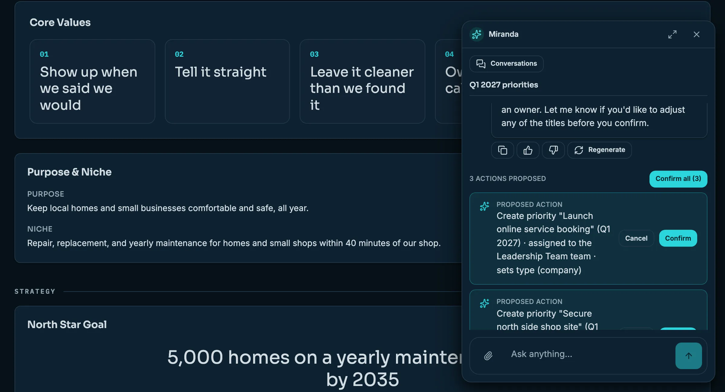 Miranda, the Whitewater OS AI assistant, proposing three drafted priorities with a one-click Confirm all over the Vision Plan page