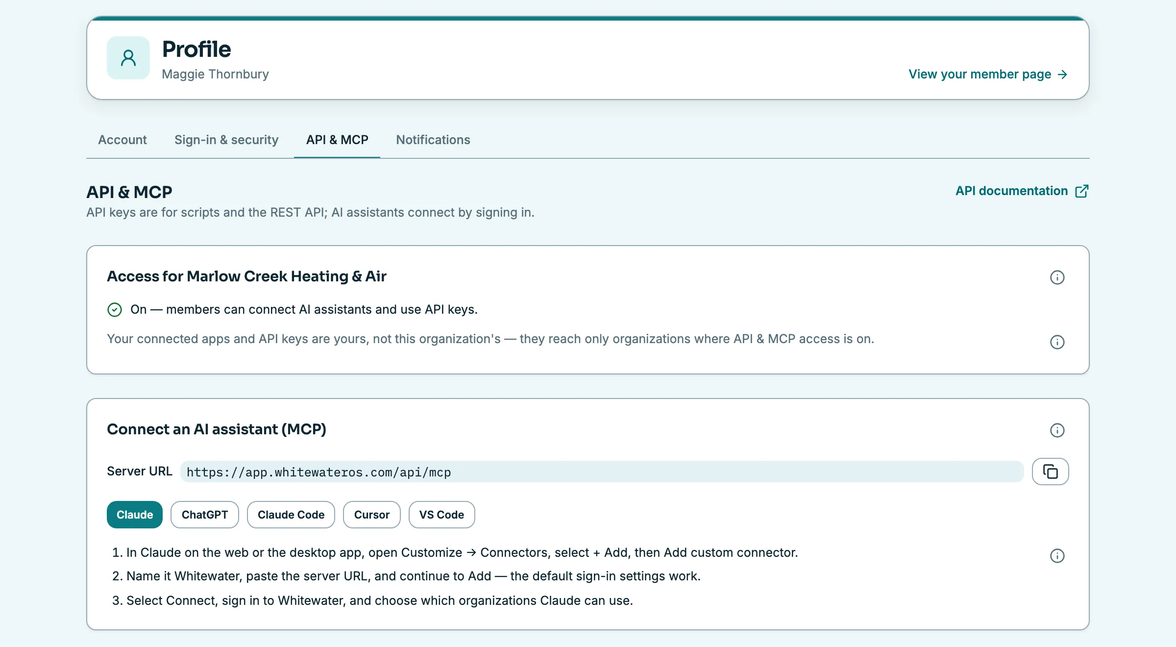 The API & MCP page in Whitewater OS: access is on for the organization, and the Connect an AI assistant card shows the server URL and the three steps for adding Whitewater to Claude