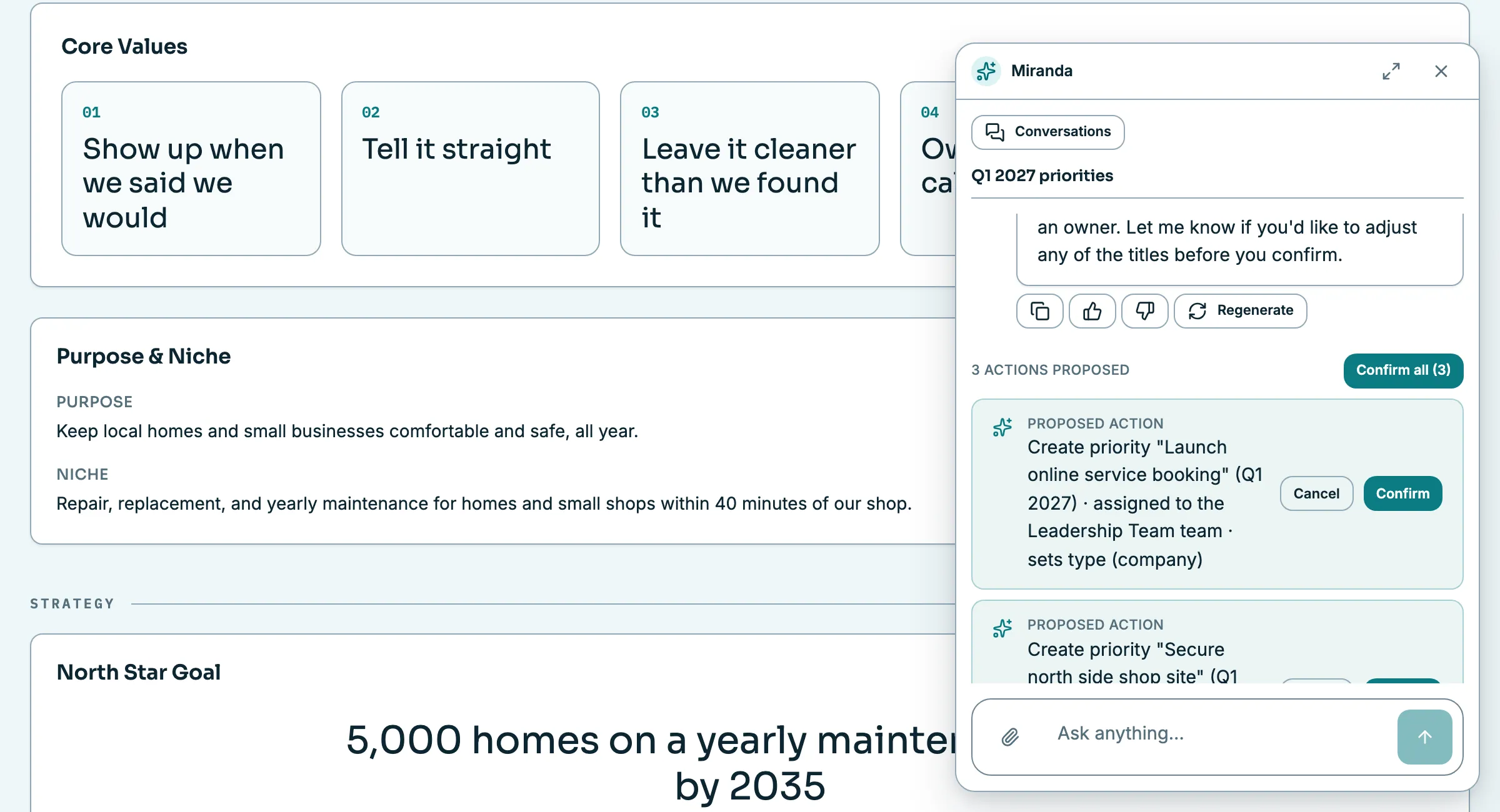 Miranda, the Whitewater OS AI assistant, proposing three drafted priorities with a one-click Confirm all over the Vision Plan page