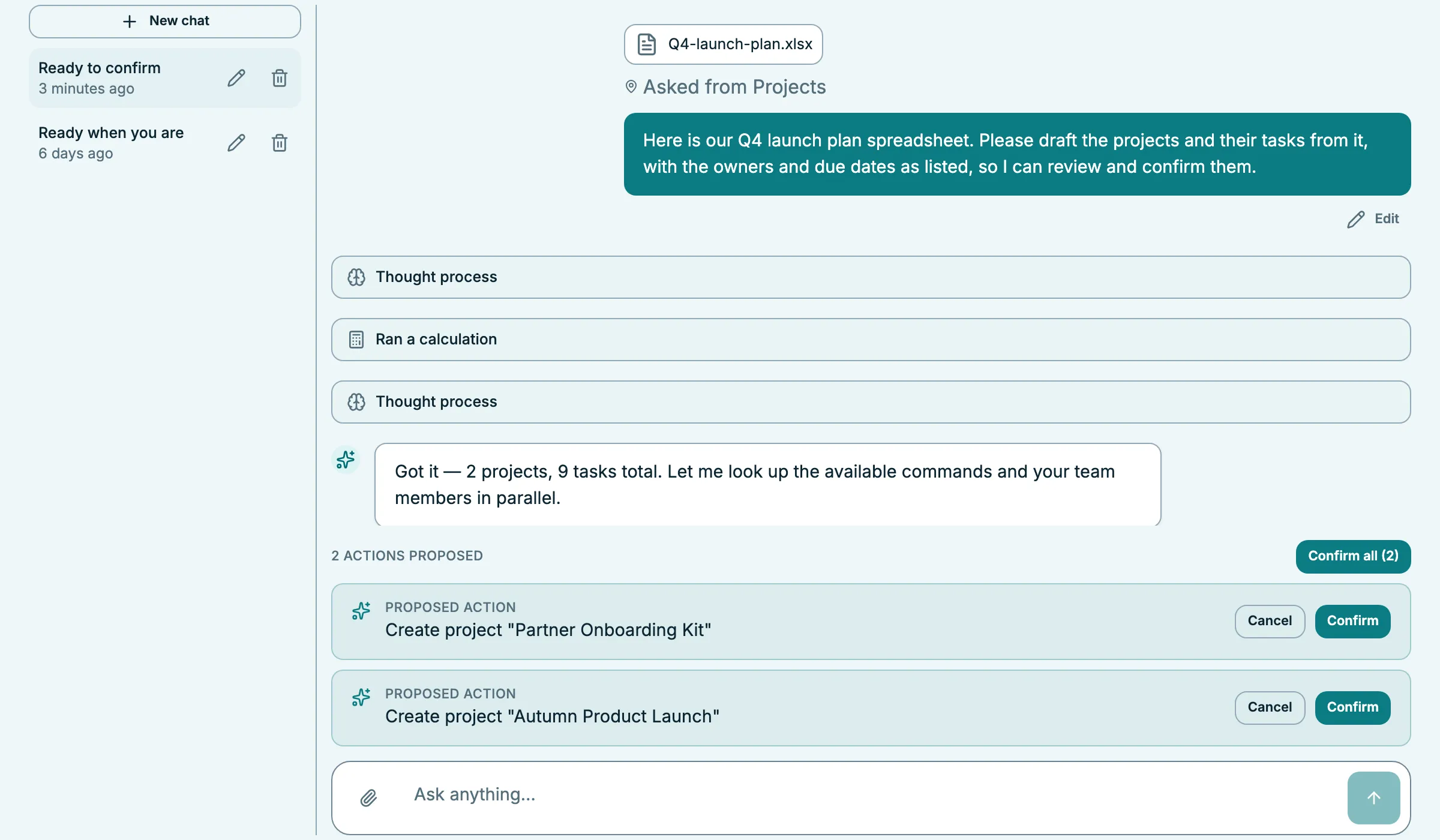 Miranda after a spreadsheet upload: the attached Q4-launch-plan.xlsx and the request to draft its projects and tasks, Miranda reporting two projects and nine tasks read from the file, and two Create project actions staged as proposals behind a one-click Confirm all