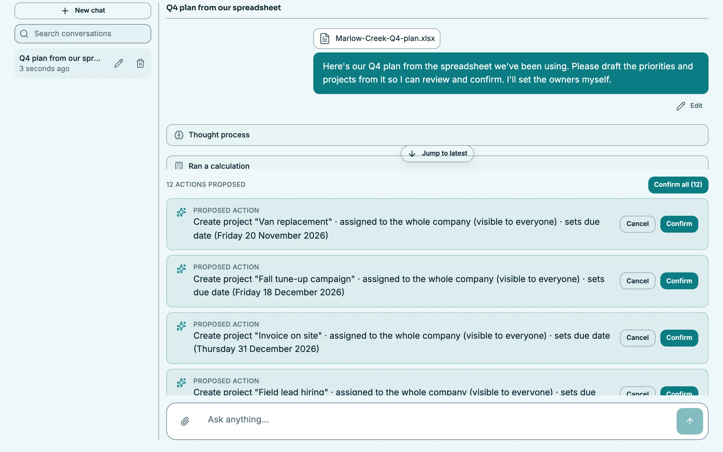 Miranda after a spreadsheet upload: the attached Marlow-Creek-Q4-plan.xlsx and the request to draft its priorities and projects for review, then twelve actions proposed behind a one-click Confirm all, the first ones creating projects with their due dates