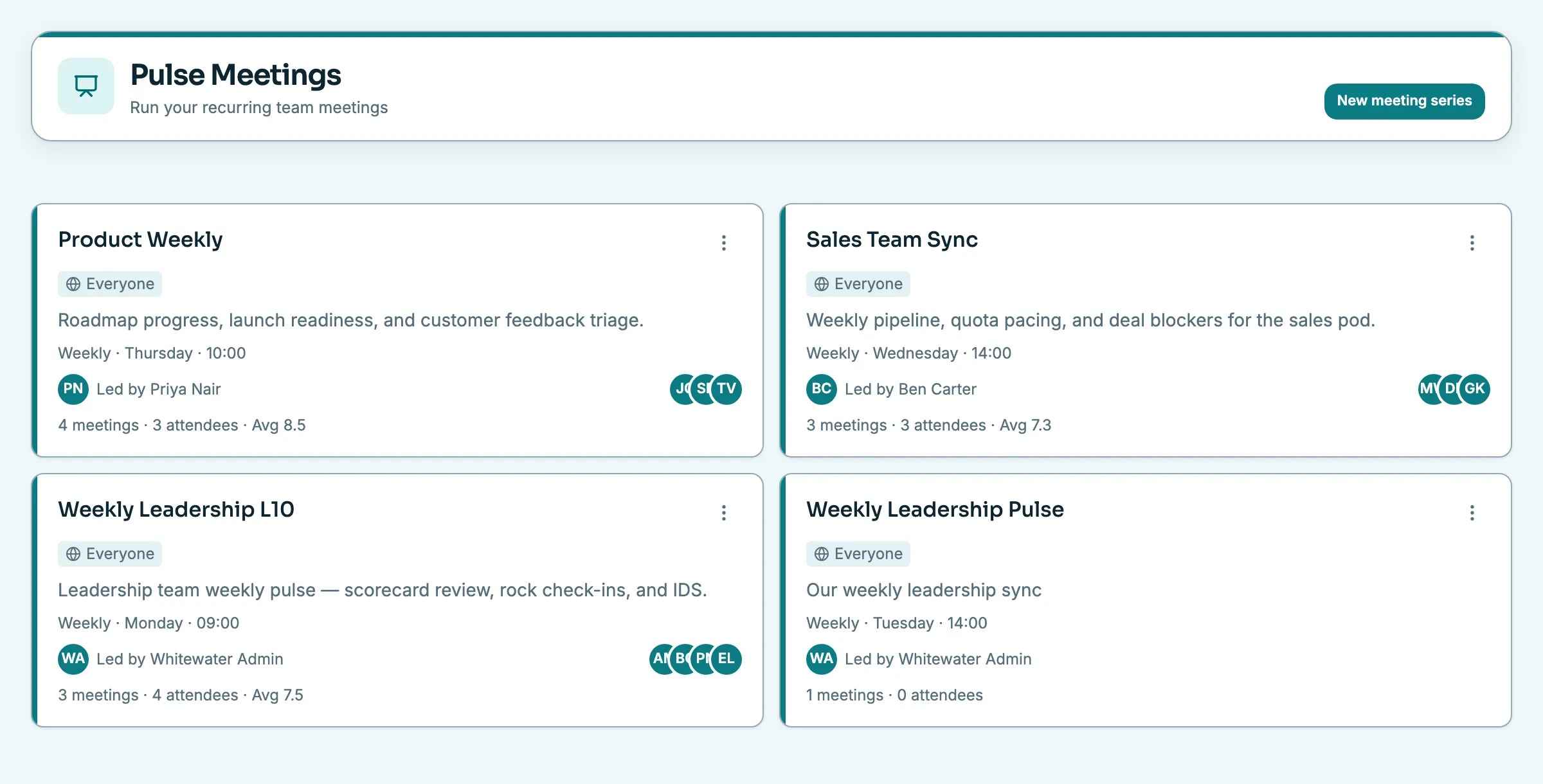 Pulse Meetings in Whitewater OS listing recurring weekly meeting series with leaders, attendees, and average ratings